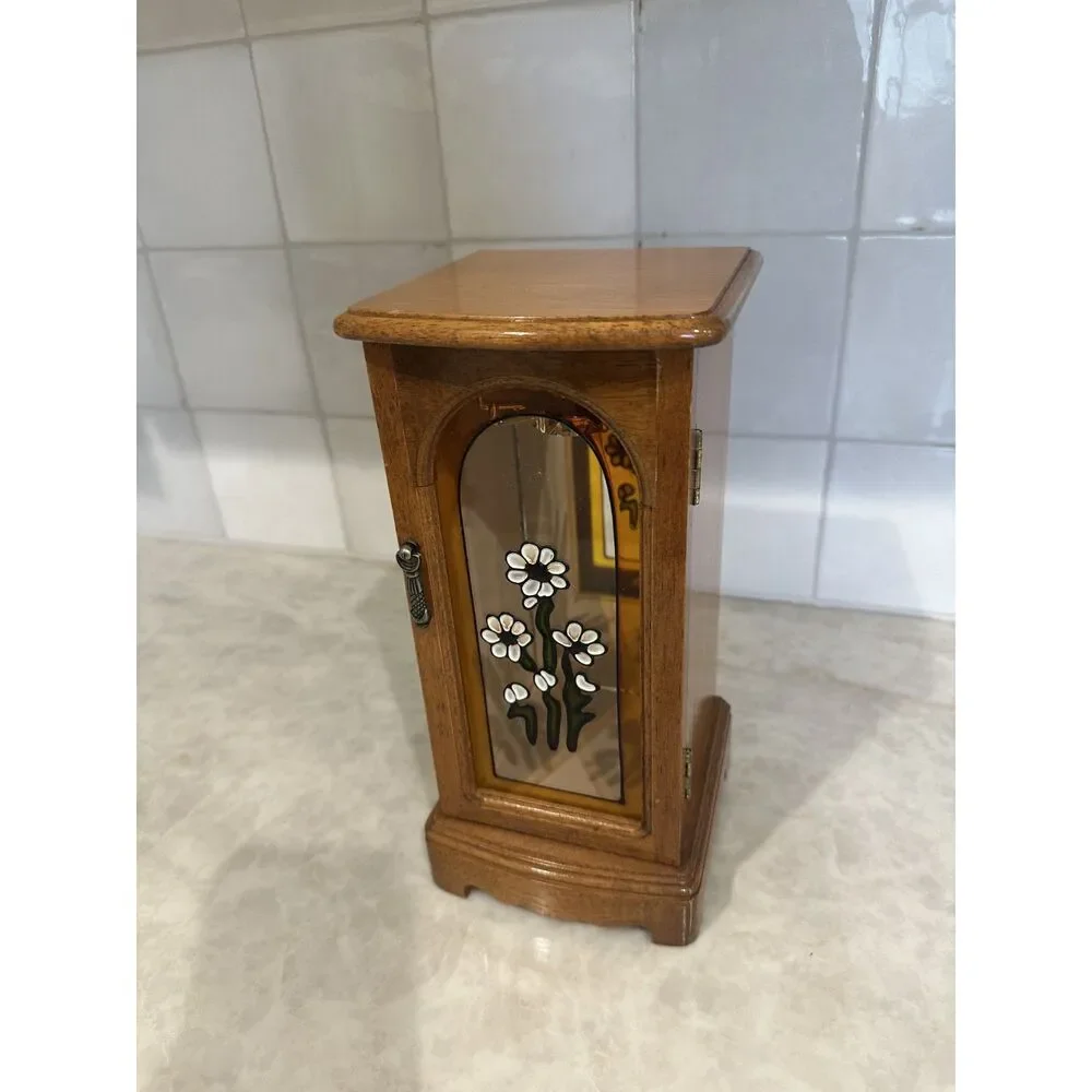 Vintage Wooden Jewelry Cabinet with Clear Floral Door, Mirror, & Necklace Hanger